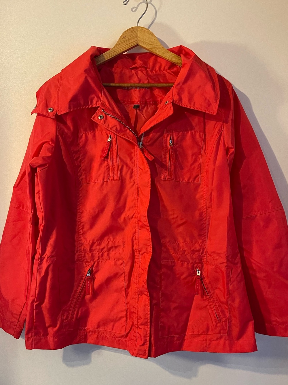 Bright Red / Orange Nylon Hooded Cinch Waist Rain Jacket XL